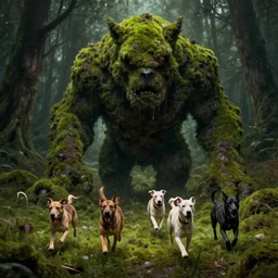 Dogs running away from a Moss Monster. The Moss is in the shape of a Dimly lit grimy muddy Beast by Greg Rutkowski and Thomas Kinkade