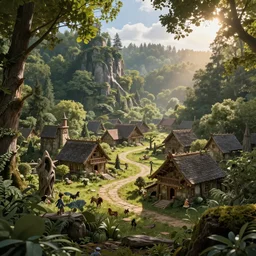 An elven village surrounded by a forest, matte painting, stunning, 8k resolution, high detail, sun shining