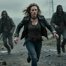 mila jovovich running away from zombies. detailed. tense. pretty. moody. - n 9