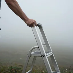 a hand holding a step ladder emerges from the mist