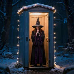 photo of a wizard contemplating existence, inside an interdimensional outhouse at night, christmas lights
