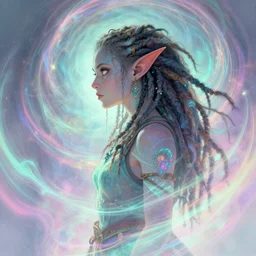 side portrait, female goblin - orc druid, dreadlocks, gloomhaven, luminescent, colorful swirly magic ripples, pastel colors, by greg manchess, huang guangjian, gil elvgren, sachin teng, greg rutkowski, jesper ejsing, ilya kuvshinov