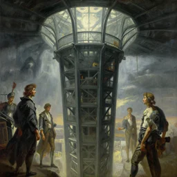 panopticon tower from inside by jacques - louis david, by greg rutkowski, by zdzisław beksinski, by josep tapiro baro, trending on artstation, featured on pixiv, masterpiece, oil on canvas, cinematic composition, dynamic beautiful lighting,