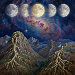 from roots to the moons, beautiful intricate oil painting, mountains, beautiful nebula in the sky by jacek yerka, beautiful nebula in the sky by jacek yerka