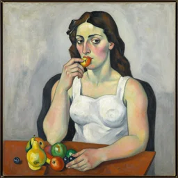 a picasso painting of a woman eating fruit