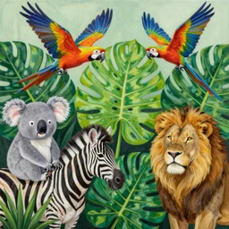 a beautiful painting of any of various large tropical plant leaves, macaws fly in the air, koala, zebra, lion, paint on canvas