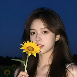 big headed girl, photorealistic, 4k, flower, night sky