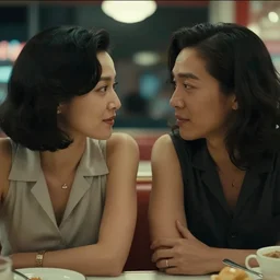 movie interior closeup beautiful Asian couple closeup sitting and talking at 50s diner, night in the city, beautiful skin, by Emmanuel Lubezki