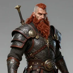 male dwarven warrior with long red beard and leather armor, character portrait, concept art, intricate details, highly detailed photorealistic portrait in the style of adam hughes, seseon yoon, artgerm and warren louw