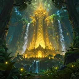 a giant forest temple at night, golden light, lush forest, waterfalls, fireflies, ornate architecture, vibrant colors, atmosphere, spectacular details, dramatic lighting, epic composition, wide angle, low angle, close up, breath of the wild, 3 d render