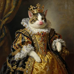 the royal king's female pig by greg hildebrant fancy rococo baroque regal feline oil painting high quality award winning clothed in fancy garb