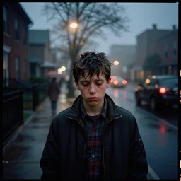 kodak portra 4 0 0, photographic of a sad boys in the style of gregory crewdson, high detail, suburb of city, night, fog, rain
