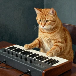 orange cat playing a moog synthesizer, by aubrey beardsley