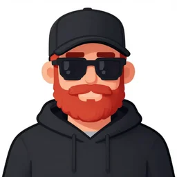 red bearded engineer with sunglasses and black cap and hoody with 8 bit print, mountain, smiley profile, white skin, centred, high detailed