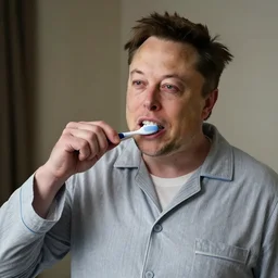 Elon Musk in his Pyjamas Brushing his teeth