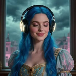 close up portrait in front of window of queen with glowing headphones, vibing, regal dress, subtle smile, blue long haired elegant model, female, eyes closed, by greg rutkowski, storm clouds, in fantasy city, teal and pink color palette, annie liebovitz, preraphaelite, detailed c