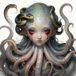 male medusa, highly detailed, snakes, digital painting, blood in the eyes, cute face, artstation, concept art, smooth, sharp focus, illustration, art by artgerm and greg rutkowski and alphonse mucha