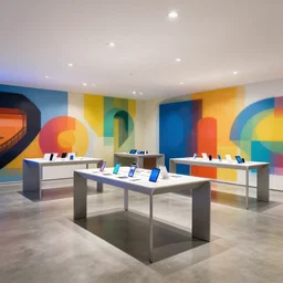 ( ( ( minimalist neon flagship samsung store. display tables with phones and tablets. street art walls. polished concrete floor. low ceilings with spots. geometric furniture, colorful digital screens, lush plants, large digital screens on the walls ) ) ) concept art, vibrant colour, john berkey, beeple, wlop, makoto shinkai, yoji shinkawa, wadim kashin, artstation, 4 k