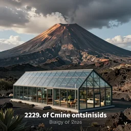 concept art of a moden glass house overlooking a volcano