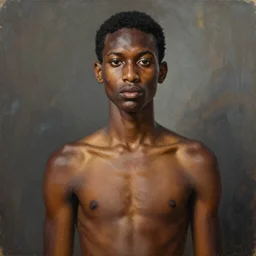 A portrait of a skinny stylish and beautiful non-binary person, dark skin tone, Indian, oil painting by Kehinde Wiley, majestic, detailed, high resolution