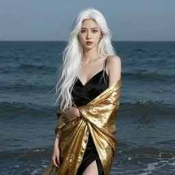 portrait of a beautiful woman with long white hair in a black dress, standing in the ocean, very beautiful style, she is wrapped in gold, photorealism edgard maxence, john singer sargent