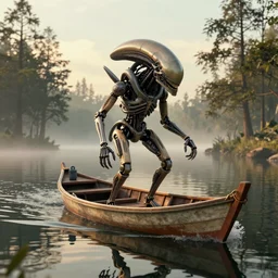 a detailed RPG portrait of a robotic xenomorph sailing on an Indonesian fishing boat, in a calm reflective lake surrounded by cypress trees, by escume, mist, octane render, golden hour hues, deviantart, 24mm lens