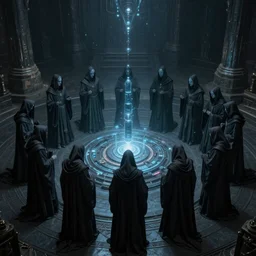a dark cabal of multiple hooded elven mystics in long dark robes gathered in a circular formation around a highly advanced alien computer, dan seagrave art, michael whelan