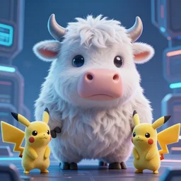 high quality 3 d render sci - fi very cute cyberpunk fluffy! mutant cow hybrid!, highly detailed, unreal engine cinematic smooth, in the style of blade runner & detective pikachu, hannah yata charlie immer, blue light, low angle, uhd 8 k, sharp focus