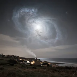 a beautiful double exposure of the astronomy picture of the day, nebula, a rural seaside village landscape at night, soft white light, muted, neutral light, light blue tones, chimney smoke, long exposure clouds, unreal engine