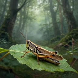 grasshopper in a leaf. animal. insect, misty forest, mysterious + katsuhiro otomo and ilya repin and caspar david friedrich and lawrence alma - tadema and moebius and james jean and loish and lya kuvshinov + mike jordana, konstantin porubov, valeriy vegera, golden ratio + rule of thirds, hypermaximalist, painter