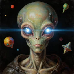 a baroque close - up shot of an alien cyborg god with bright laser eyes. colorful floating 3 d shapes. black background. studio lighting, big eyes. highly detailed science fiction fantasy painting by norman rockwell, moebius, frank frazetta, syd mead, and sandro botticelli. high contrast. renaissance masterpiece. artstation.