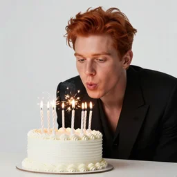 margiela campaign featuring artist ben schumacher blowing out all the candles on the birthday cake, handsome ginger man, sparklers, realistic vfx simulation, otto dix painting on the wall