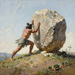 a gigantic 2 1 savage moving a grand stone on the hill, oil painting, by xue jiye