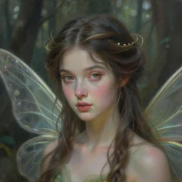 portrait of a beautiful forest fairy, sweet, graceful, esoteric, muted colors, head in focus, fantasy art, fairy aesthetics, intricate, elegant, highly detailed, hyperrealistic painting, artstation, concept art, painterly, sharp focus, hasselbrad photography, illustration, art by scot howden