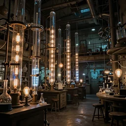 a vast and creepy mad alchemist's lab 🧪🧫 interconnected glass tubes backlit by edison bulbs, leds, and nixie tubes