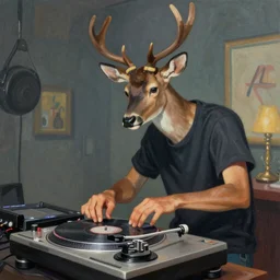 “a deer dj playing on turntables, hyperexpressive beatiful matte painting, dynamic scene”