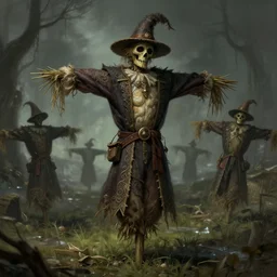 field of scarecrows horror scene scary, deep focus, d & d, fantasy, intricate, elegant, highly detailed, digital painting, artstation, concept art, matte, sharp focus, illustration, hearthstone, art by artgerm and greg rutkowski and alphonse mucha
