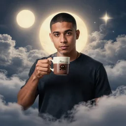 portrait of a ( ( ( una taza de cafe grande y black ) ) ), ( ( guapo joven caliente colombiano pelo buzzed ) ), nubes y magia, el sol, concept character, by greg rutowski and mucha and bierstadt and remington, trending on artstation