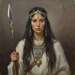 portrait a female shaman goddess warrior, oil on canvas, by jeffrey catherine jones winslow homer