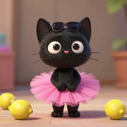 a black Cat wearing a pink Tutu from the latest disney pixar film, stopmotion animation, detailed, cgi, greg, ross tran, rendered in unreal engine, lemons on the ground, sunglasses