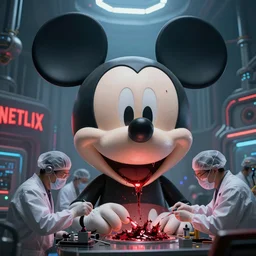 a group of scientists working on a giant mickey mouse bloody head, cyberpunk art by beeple, cgsociety, a netflix sign in the background, dystopian art, reimagined by industrial light and magic, vfxfriday, 8 k, detailed