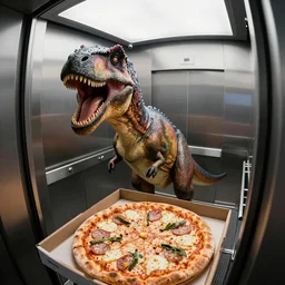a dinosaur with a pizza in an elevator, security camera photo, realistic, hdr