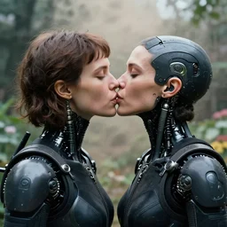 cinestill 5 0 d photographic portrait by helen levitt of a kiss between two diverse loving female cyborgs wearing black techwear in a retrofuturist garden, extreme closeup, modern cyberpunk, dust storm, 8 k, hd, high resolution, 3 5 mm, f / 3 2, ultra realistic faces, intricate detail, ex machina