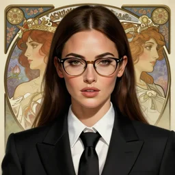 portrait of megan fox with glasses in a black business suit with white shirt and black cravat, intricate, headshot, highly detailed, digital painting, artstation, concept art, sharp focus, cinematic lighting, illustration, art by artgerm and greg rutkowski, alphonse mucha, cgsociety