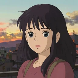 Character portrait of a young beautiful woman with long black hair and bangs, sunset, city, focus on facial features, large eyes, highly detailed, cel shading, Studio Ghibli still, by Makoto Shinkai and Akihiko Yoshida