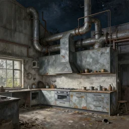 a beautiful hyperdetailed painting of architecture urbex kitchen abandoned industrial architecture building by alvar aalto, universe at night, archdaily, wallpaper, highly detailed, trending on artstation.