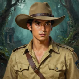 the most famous and smart and handsome, natawud sakidjai, thai actor dressed as hunter in armed, close - up portrait, with 6 0 s khaki western hat, khaki safari hunter costume, ancient spooky ruin in the rainforest in background, intricate, elegant, loin cloth, highly detailed, oil painting, artstation, concept art, matte, sharp focus, illustration, hearthstone, art