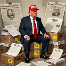 trump in a maga hat, sitting on a pile of document boxes of top secret!!! nuclear documents, with yellowcake stamps, top secret, hand drawn political cartoon in us newspaper william hone and george cruickshank