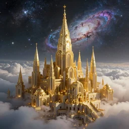 The golden city of New Jersualem in the clouds, the orion nebula in the sky, nebula, fantasy city, fantastical architecture, divine, holy, art by Stephan Martinière, Martinière artwork, fantasy, beautiful, HD