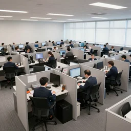 an office space of cubicles, the employees are rats wearing business suits, wide angle